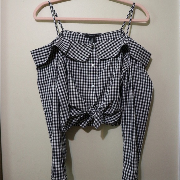 Gingham Off-Shoulder, Tie Front, Button Down Top - Picture 2 of 5